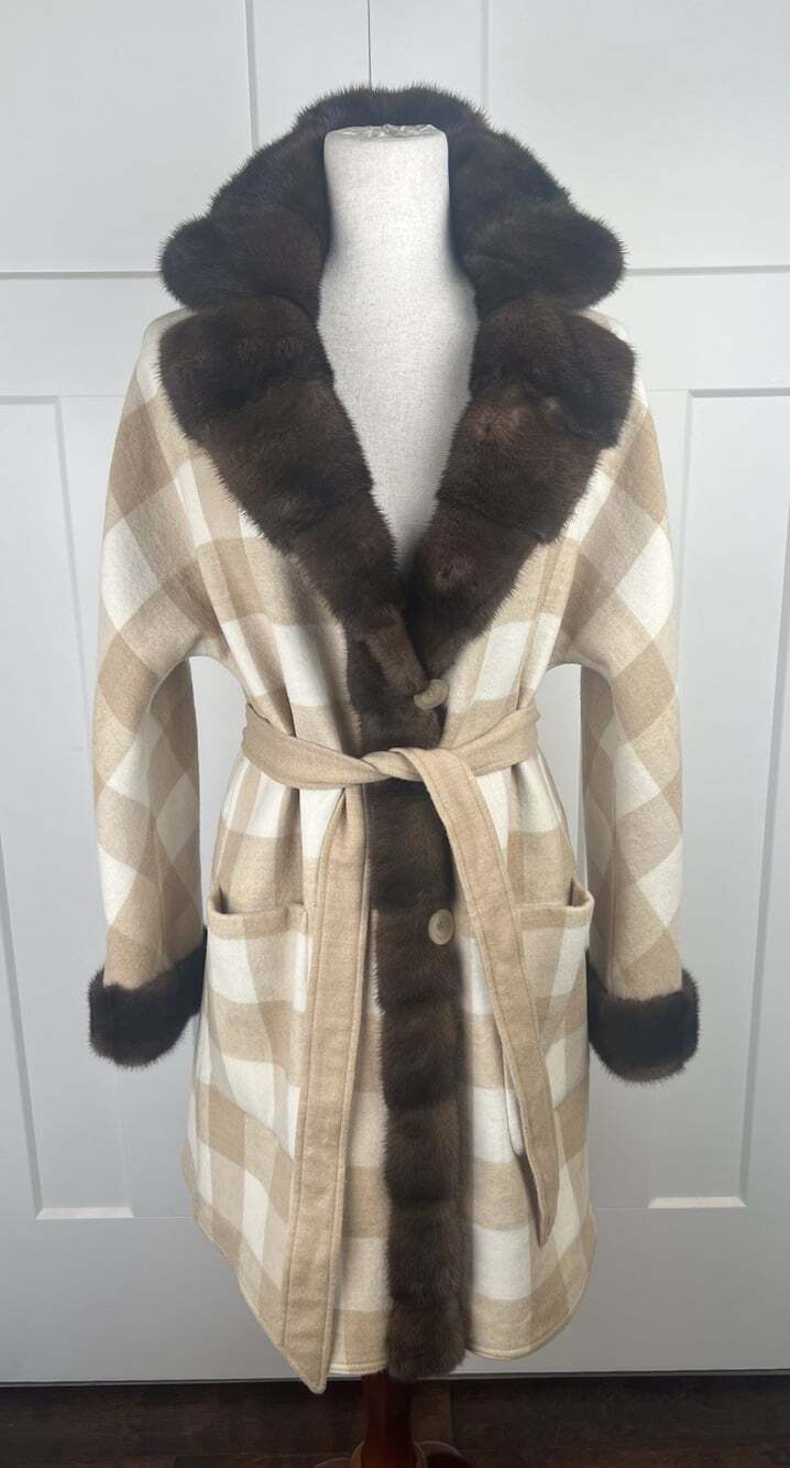 Vintage Reversible Wool Coat Real Mink Fur Trim Camel Plaid Belted M/L Old Money